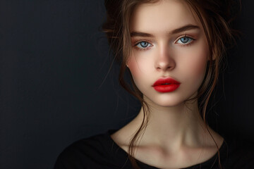 Portrait of a beautiful young woman with red lips on dark background. AI. - obrazy, fototapety, plakaty