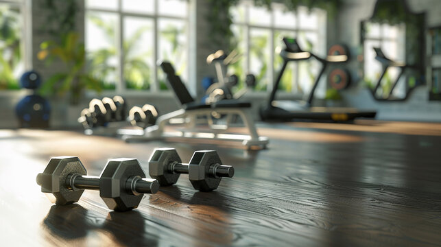 Dumbbells in the gym on the floor, the concept of proper nutrition and fitness, a place for the inscription. AI.