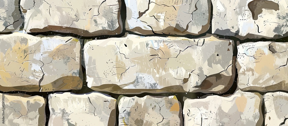 Poster a detailed closeup of a rectangular stone wall made of square bricks, showcasing the intricate patte