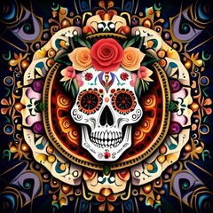 AI generated illustration of a traditional Day of the Dead skull surrounded by colorful flowers