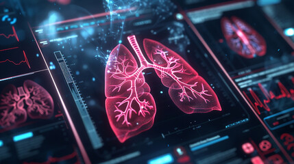 Digital illustration of lungs in digital background. Medicine and healthcare concept. 3D Rendering. AI.