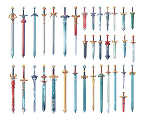 Magic swords cartoon vector set. Mystery mythical bladed fantasy cold fence weapons art game development graphics illustrations isolated on white background - obrazy, fototapety, plakaty