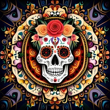 AI generated illustration of a traditional Day of the Dead skull surrounded by colorful flowers
