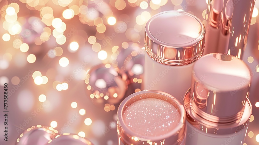 Aufkleber 3D rendering of bokeh background for cosmetic product display. Top view.