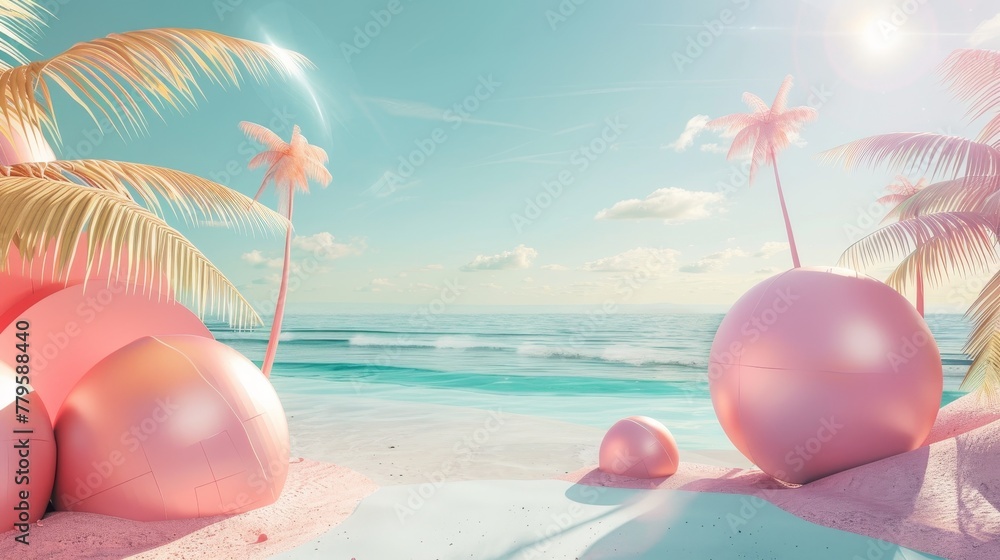 Aufkleber An abstract beach scene with geometric forms in summer. 3D rendering.