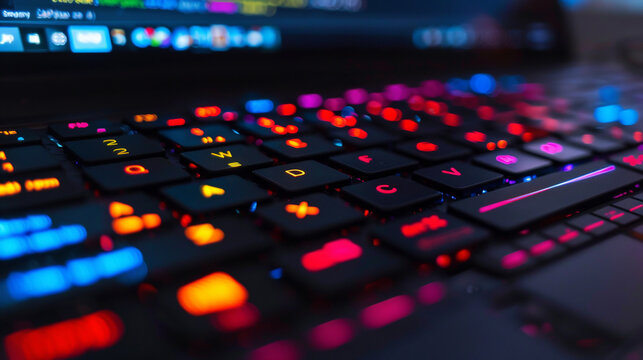 Keyboard of a modern computer with colorful lights. 3d rendering. AI.