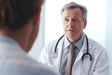  A middle-aged man was sitting for a checkup with a doctor in the hospital. The atmosphere is friendly. The doctor calmly talks to the patient. 