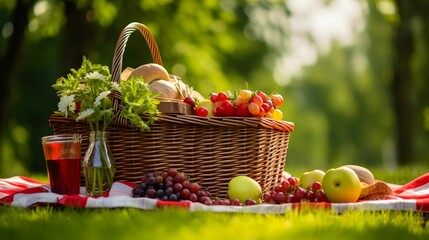 AI generated illustration of a woven basket filled with fruits and a glass of juice for a picnic