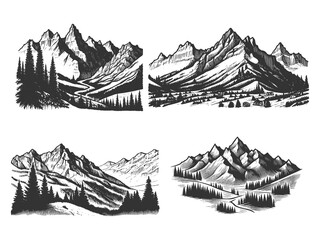 set of engraved various mountain landscapes with majestic peaks and evergreen forests sketch engraving generative ai raster illustration. Scratch board imitation. Black and white image.