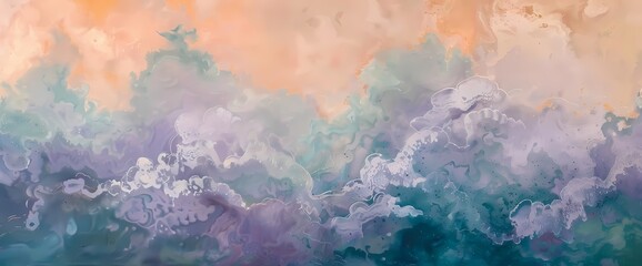 Fototapeta na wymiar Oceanic teal mist floating amidst a dreamy tapestry of lavender and muted peach.