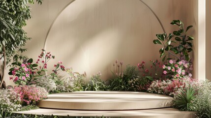 Fototapeta na wymiar This 3D rendering shows a natural beauty podium backdrop with an abstract garden scene.