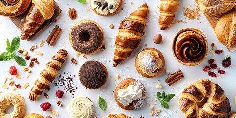 Various traditional French pastries and desserts. White isolated background