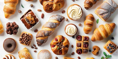Various traditional French pastries and desserts. White isolated background - obrazy, fototapety, plakaty