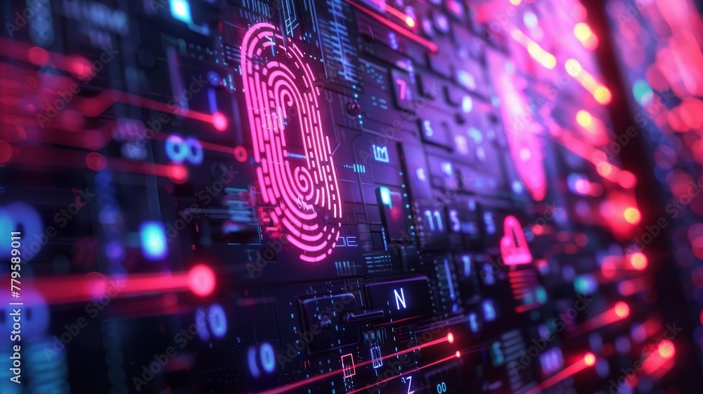 Poster cyber securitys neon backdrop highlights fingerprint tech, merging tech with safety, customizable in