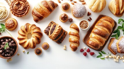 Various traditional French pastries and desserts. White isolated background