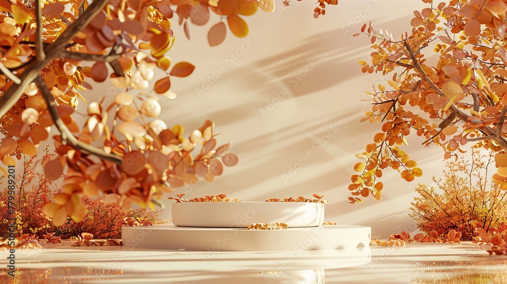 Poster product display podium backdrop showing a luxury autumn scene. 3d rendering.
