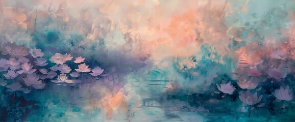Oceanic teal mist floating amidst a dreamy tapestry of lavender and muted peach.
