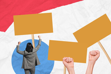 Collage artwork sketch of confident woman standing for equal rights empty space isolated on drawing...