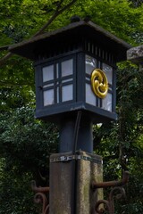 Vertical shot of a street lantern in a park with trees in the background