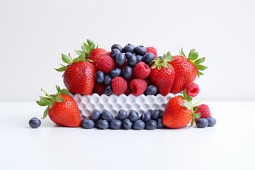 Minimalistic composition of fresh strawberries and blueberries on a white background