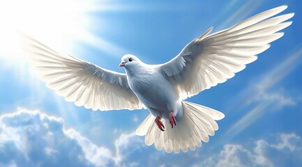 a white bird flying in the air under a bright blue sky