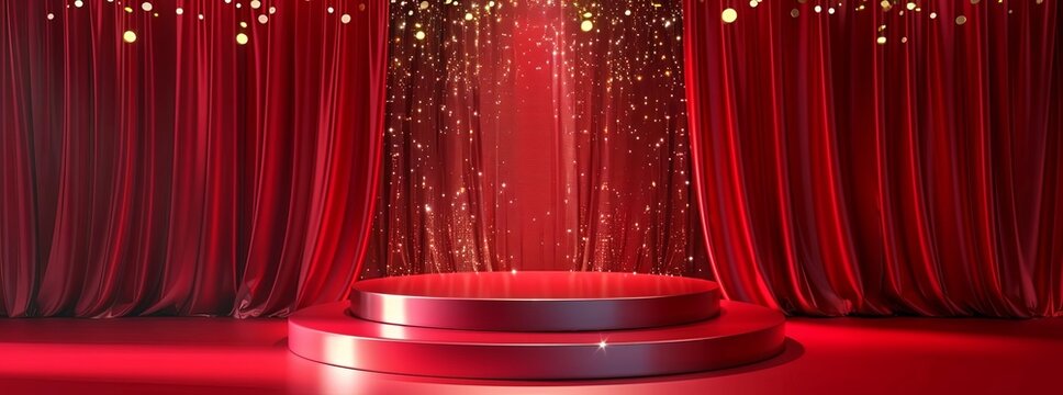 Red stage with a red curtain and golden glittering lights, a podium for product presentations with a background