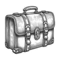 leather suitcase with detailed straps and buckles, evoking the golden age of travel sketch engraving generative ai raster illustration. Scratch board imitation. Black and white image.