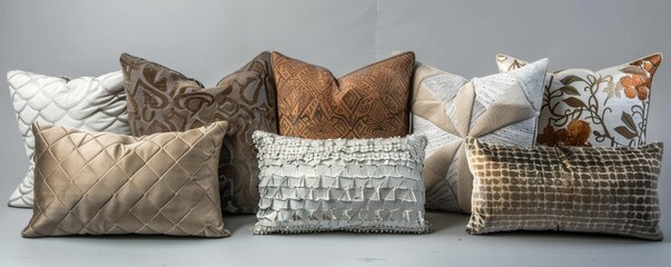 Assorted decorative throw pillows on neutral background