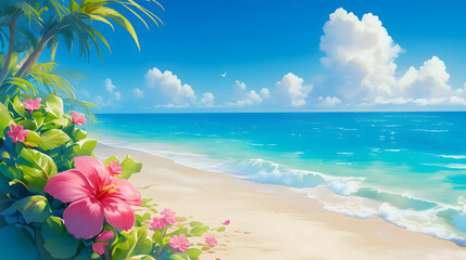 Fototapeta na wymiar Tropical paradise background with hibiscus flowers on beach backdrop. Bright summer sunny day illustration template design with a copy space.