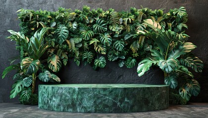 Green pedestal in tropical forest for product presentation