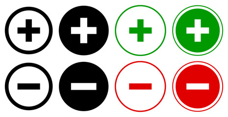 Round plus sign & minus sign icons set. Positive & negative symbols vector.