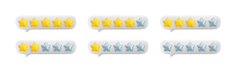 Vector 3d feedback bubbles set. Star rating system from 0 to 5 stars. Customer review gold and silver stars. One, two, three, four and five stars icons set.
