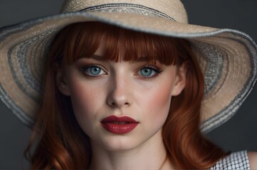 Portrait of a stunning redhead lady with captivating blue eyes and a stylish hat, AI-generated.