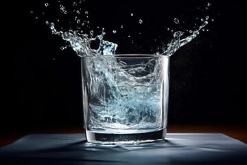 Splashes of water from a transparent glass on a dark background