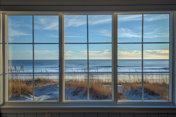 the view from an open window with a view of the beach