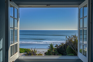 a view of the ocean out a window with white trim