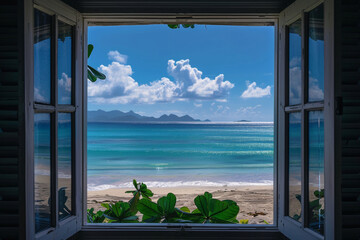 view out a window of the beach and ocean with mountains in the distance