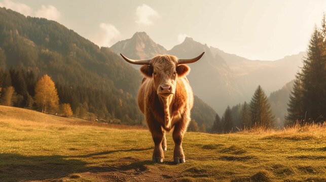 AI generated illustration of a cow on a green meadow in the mountains