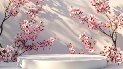 This podium backdrop features a spring sakura cherry blossom tree in 3D.
