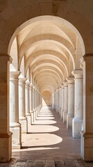 Sunlit arched corridor with classical columns