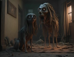 AI generated illustration of two creepy figures in an, abandoned room, with an eerie atmosphere