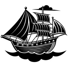 ship on the sea, black ship silhouette vector illustration,icon,svg,sailing ship characters,Holiday t shirt,Hand drawn trendy Vector illustration,Smal ship on a white background
