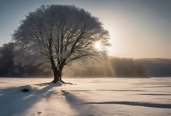 AI generated illustration of a solitary tree in snowy field at sunset