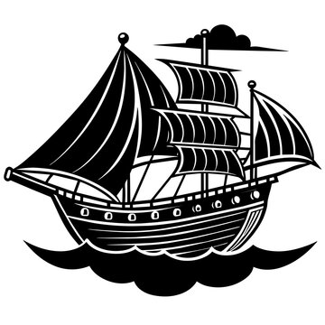 ship on the sea, black ship silhouette vector illustration,icon,svg,sailing ship characters,Holiday t shirt,Hand drawn trendy Vector illustration,Smal ship on a white background