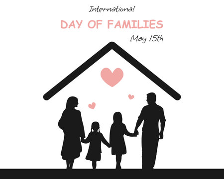International day of families banner. Vector illustration with silhouettes of father, mother and child under the roof of a house.
