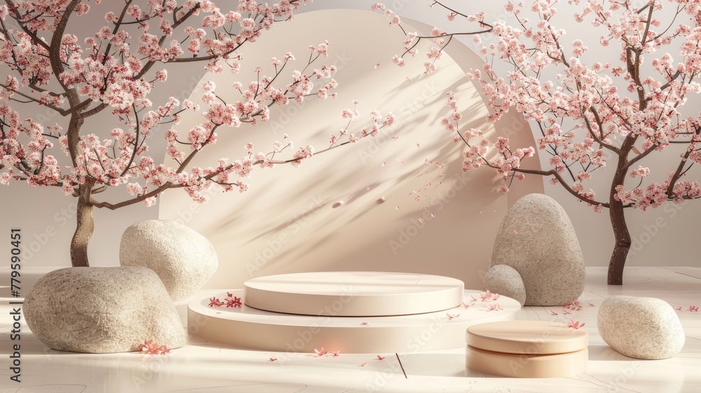 Poster this 3d rendering shows a spring sakura cherry blossom landscape backdrop.