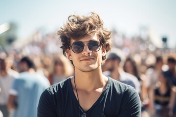 young man is attending a music festival. The atmosphere is bustling and lively 