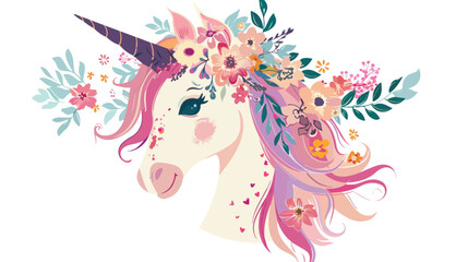 Obraz na płótnie Canvas Fantastic unicron with flowers in pink mane cartoon flat