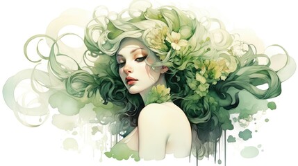 Illustration of ethereal woman with green hair and butterflies.