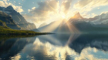 Breathtaking sunrise over mountainous landscape with lake reflection.